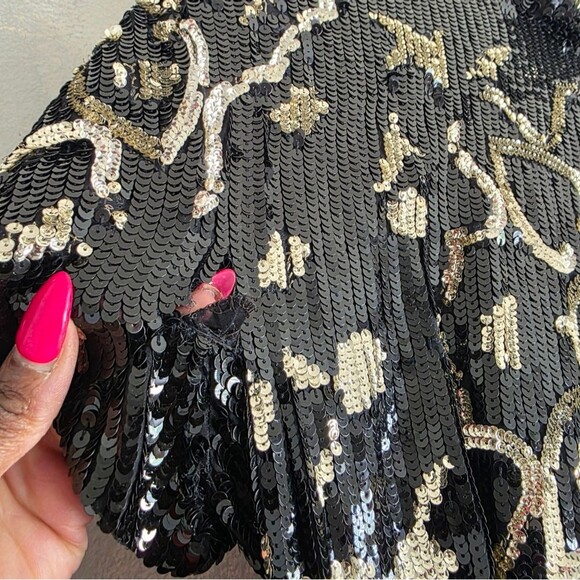 Valentino 1980s Sequined Black and Gold Tiered Taffeta and Lace Dress Rare XS - Picture 15 of 15